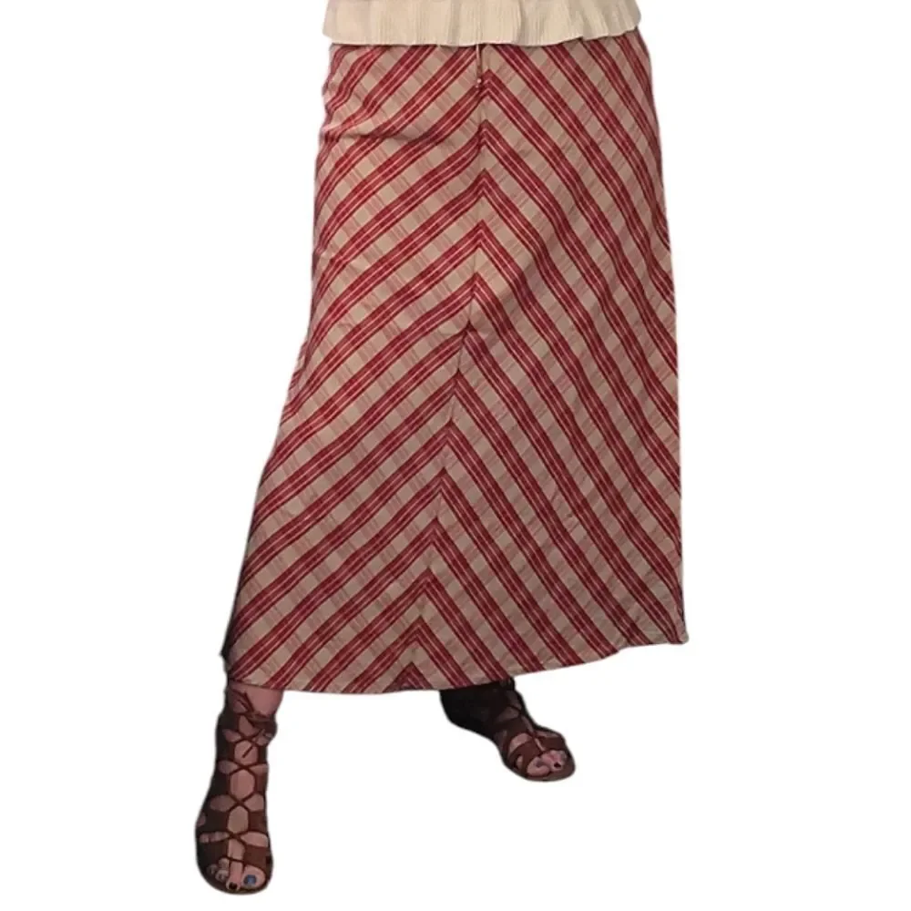 VTG 70s Red Tan Chevron Plaid Prairie Maxi Skirt SZ 10 Flax Blend High Waist